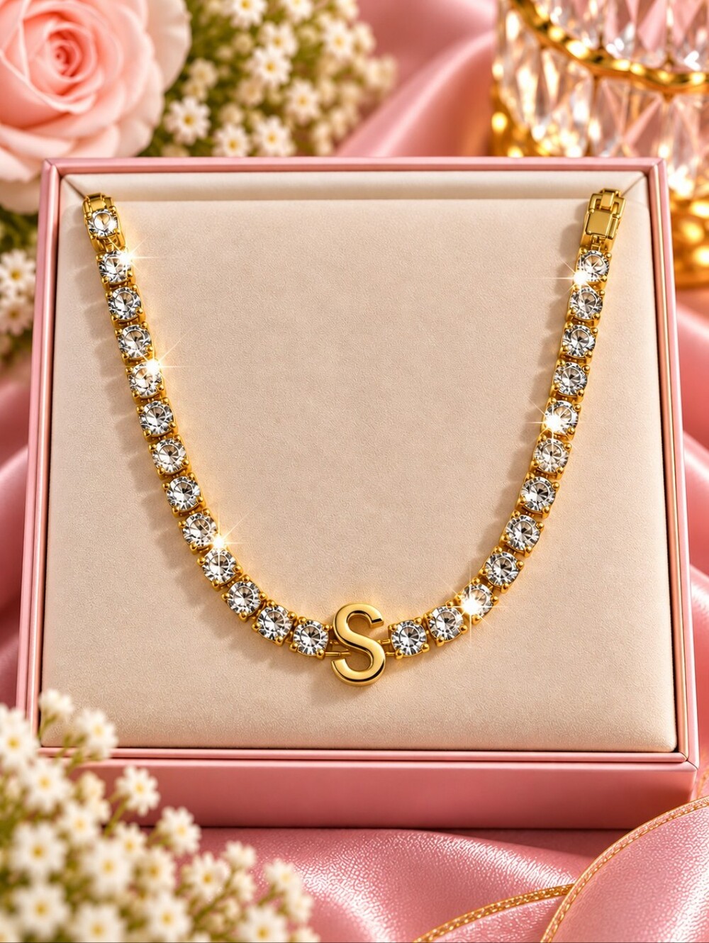 Gold Tone Crystal Tennis Necklace w/ Letter S Initial Charm Sparkling Statement